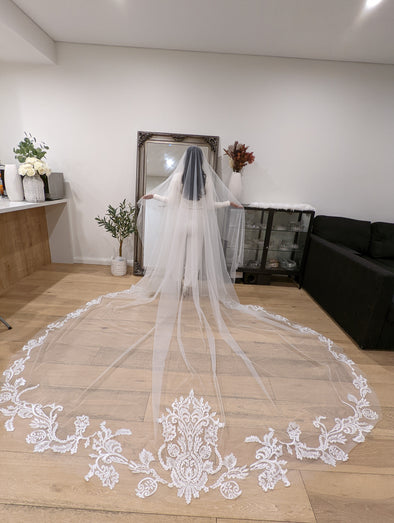 Lace Wedding Cathedral Veil, Royal Cathedral Length Wedding Two Tier Floral Lace Veil, 3 meter Ivory Veil, Cathedral lace Veil JALE