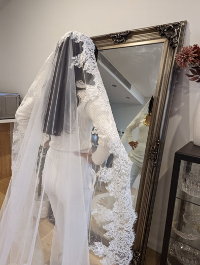 GEMMA - Alencon/French lace Mantilla Wedding Veil, Cathedral Alencon/French lace Mantilla Wedding Veil,  1 tier cathedral Mantilla Lace Veil,Lace Mantilla Veil in Cathedral,  Lace Mantilla Wedding Veil, Bridal Veil -