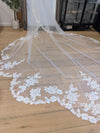 MADENA - Scalloped Lace Wedding Cathedral Veil, Royal Cathedral Length Wedding Veil, Two Tier Floral Lace Veil with Clear sequins, Sequined Lace Veil, Cathedral lace Veil