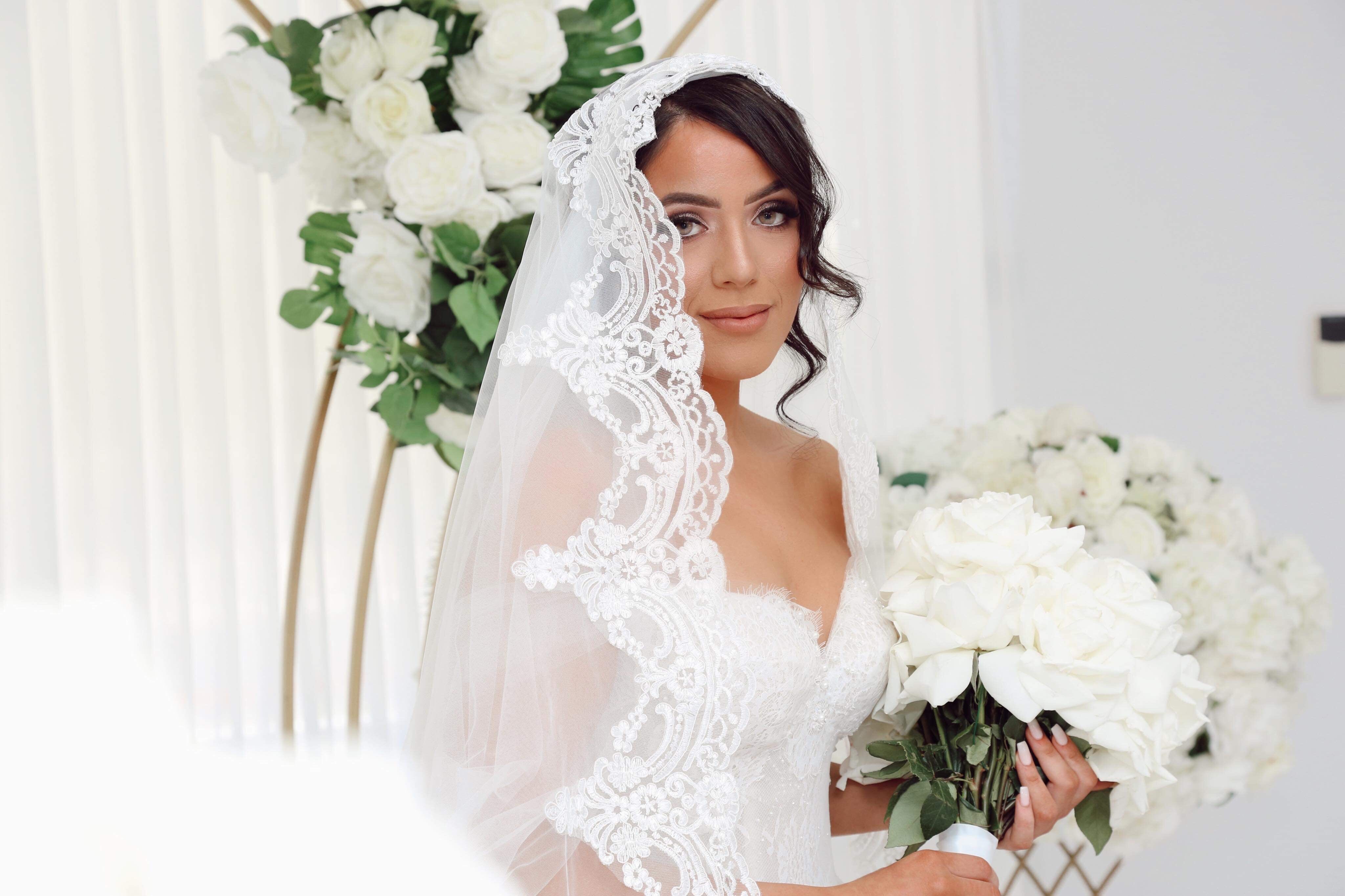 One Blushing Bride Cathedral Mantilla Veil with Eyelash Lace Trim, Lace Wedding Veil White / 108 inch Cathedral / with Beading