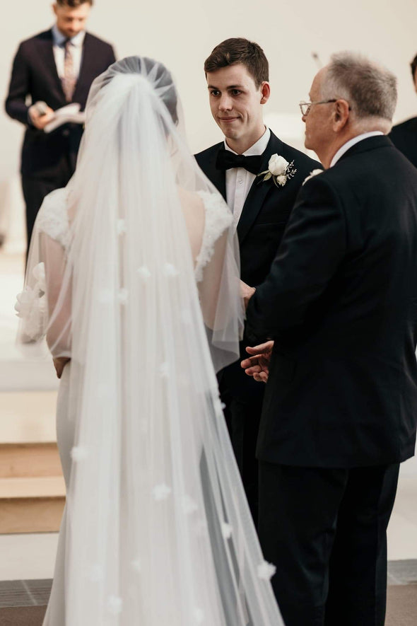 MICHAELA - Floral Elegance in 3D: A Veil Adorned with Flower Petals, Veil with 3D lace Flowers, Two Tier Cathedral Floral Veil, Scattered Lace Floral Applique Veil